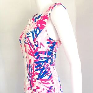 JUST...TAYLOR ABSTRACT PINK/BLUE LACE STRIPE SHIFT DRESS SZ 12